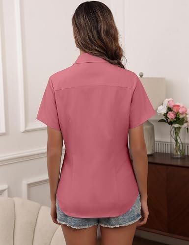 Prime Style Wear Women’s Short Sleeve Button-Up Shirt – Slim Fit Pink Office Blouse - Image 2
