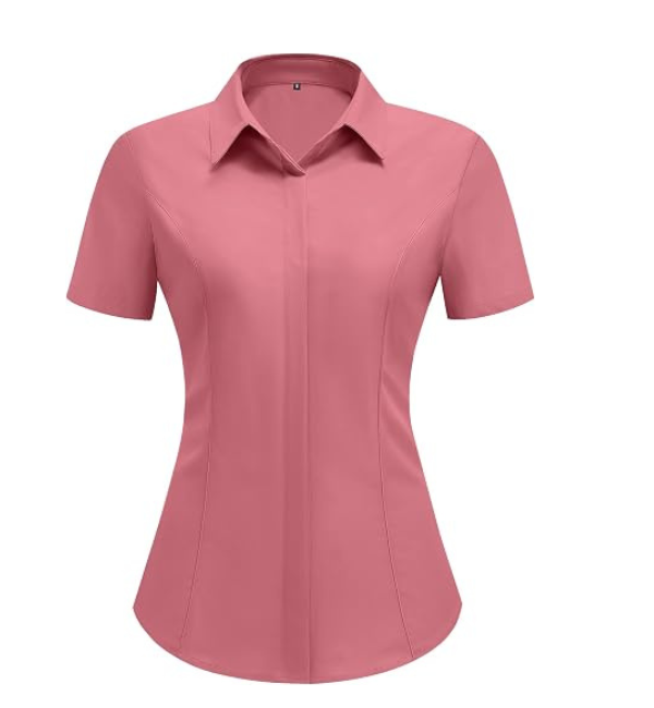 Prime Style Wear Women’s Short Sleeve Button-Up Shirt – Slim Fit Pink Office Blouse
